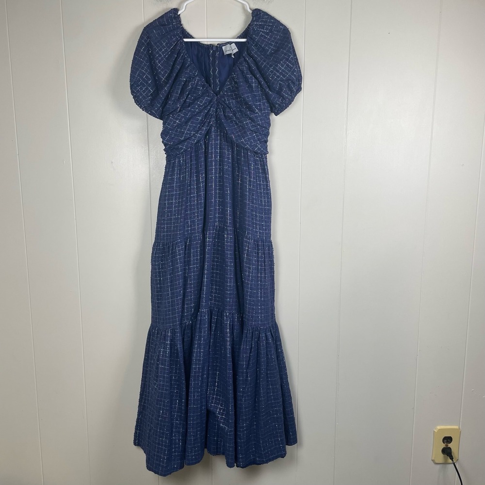 Never a Wallflower Navy Metallic Grid Puff Sleeve Maxi Dress XS